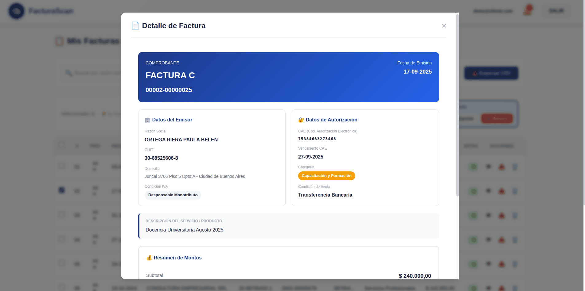 Datos extraídos automáticamente de una factura por IA