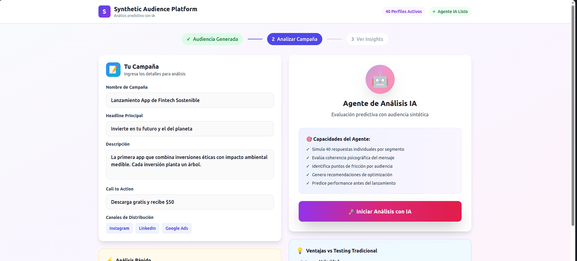 Pantalla de análisis de campaña con respuestas de agentes