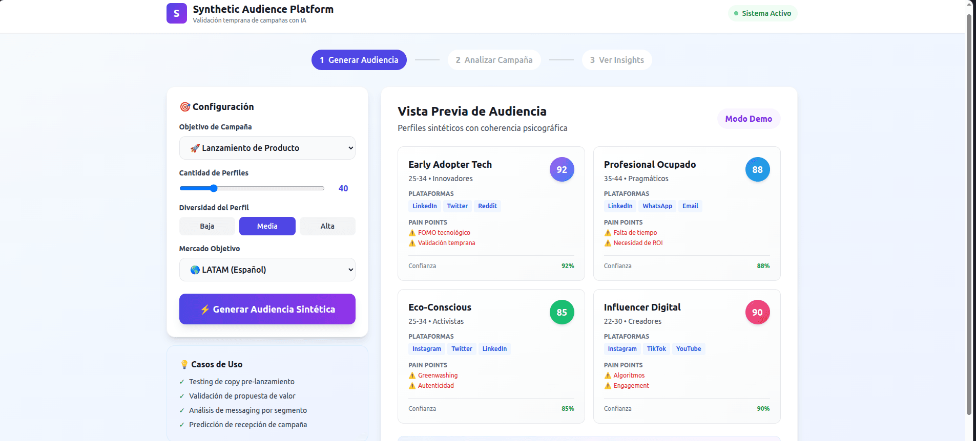 Interfaz para generar una audiencia sintética personalizada